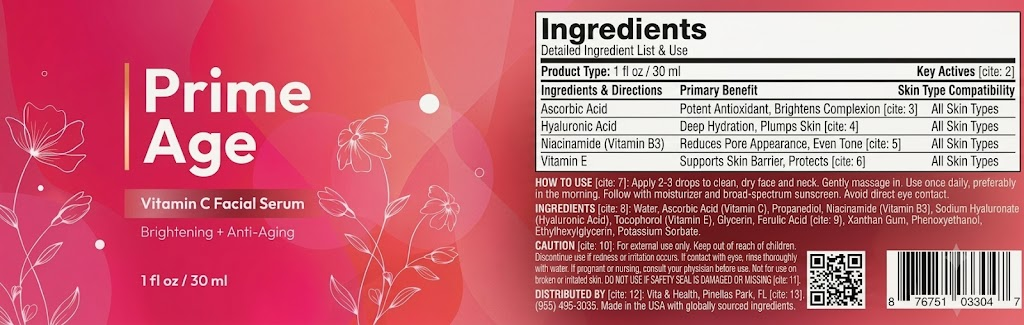 Prime Age product label with cosmetic facts and suggested use